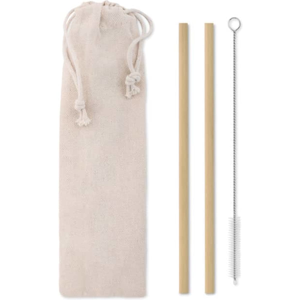 A set of natural straw drink straws in a cotton pouch, featuring two bamboo straws and a cleaning brush.