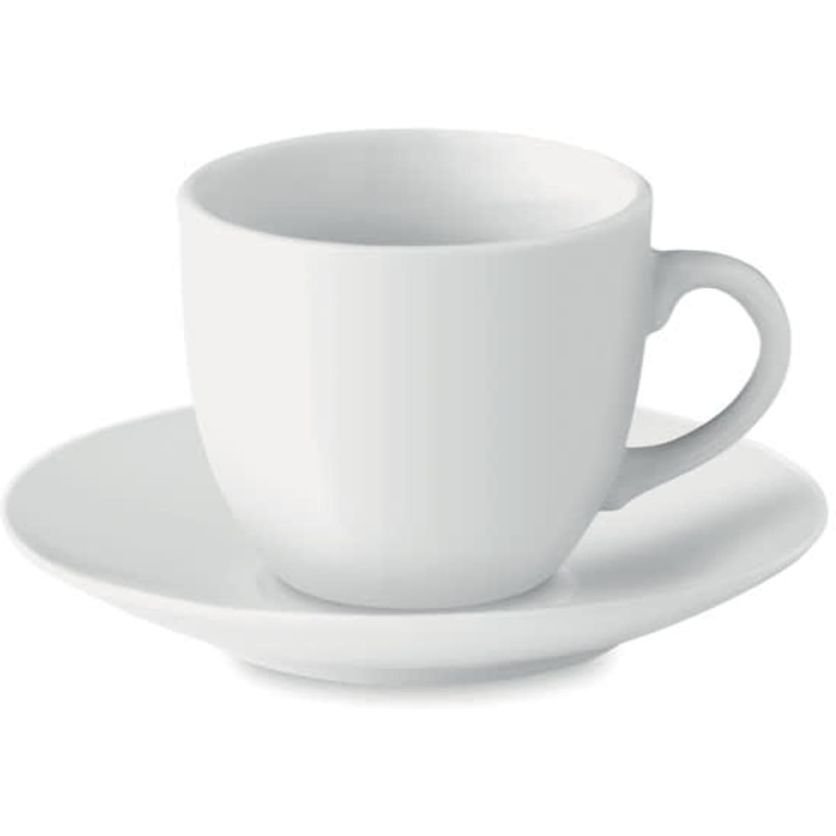 A white espresso cup and saucer set, featuring a smooth porcelain finish and simple design.