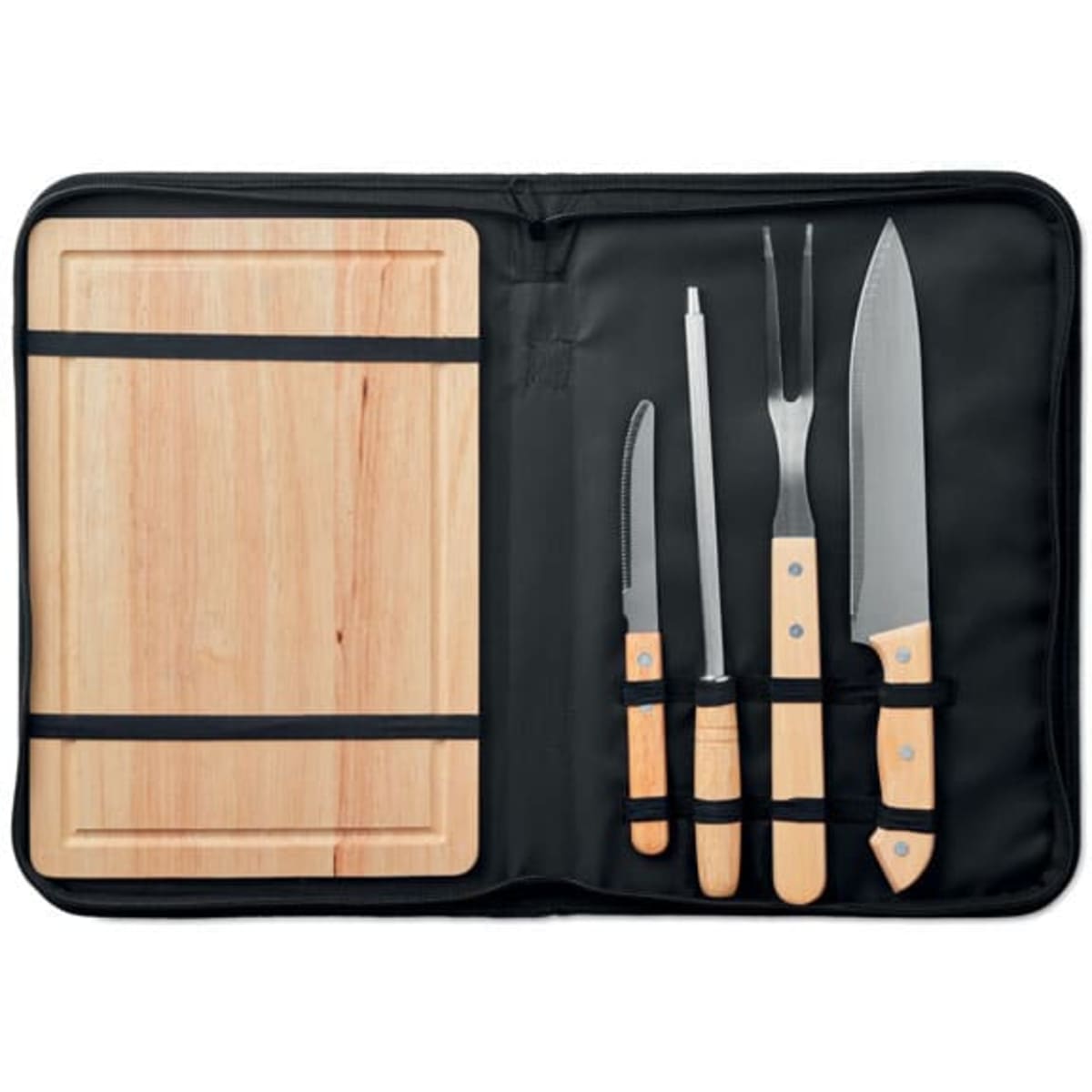 A knife set with wooden handles, including a cutting board, knife, fork, and carving tools, presented in a black case.