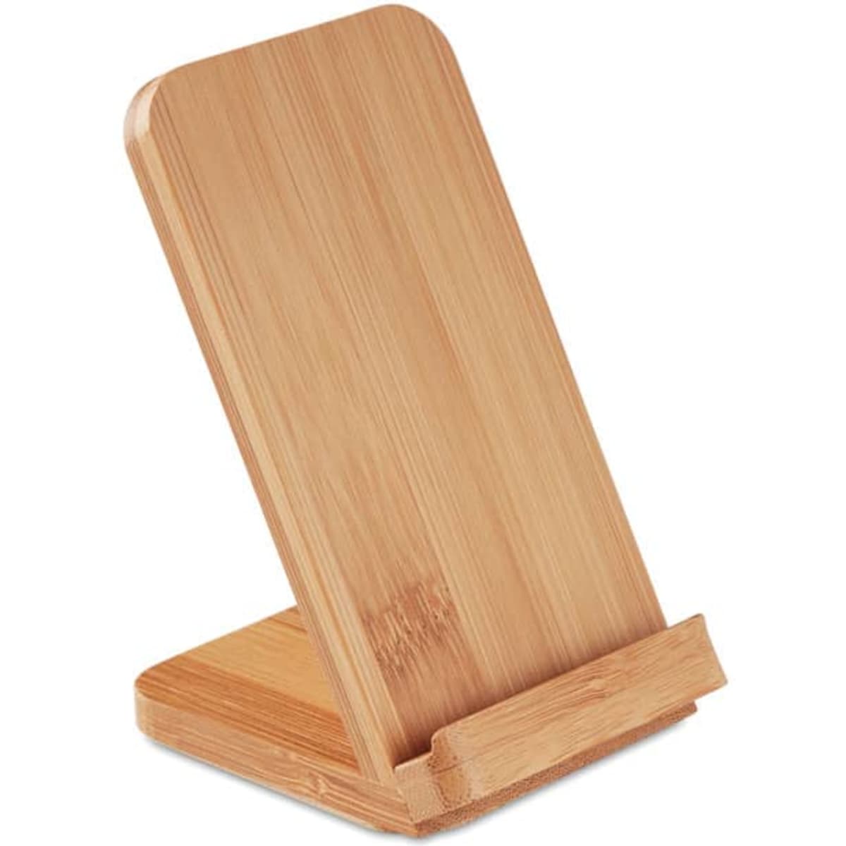 A bamboo phone stand in a natural finish with a sleek design and a logo on the base.