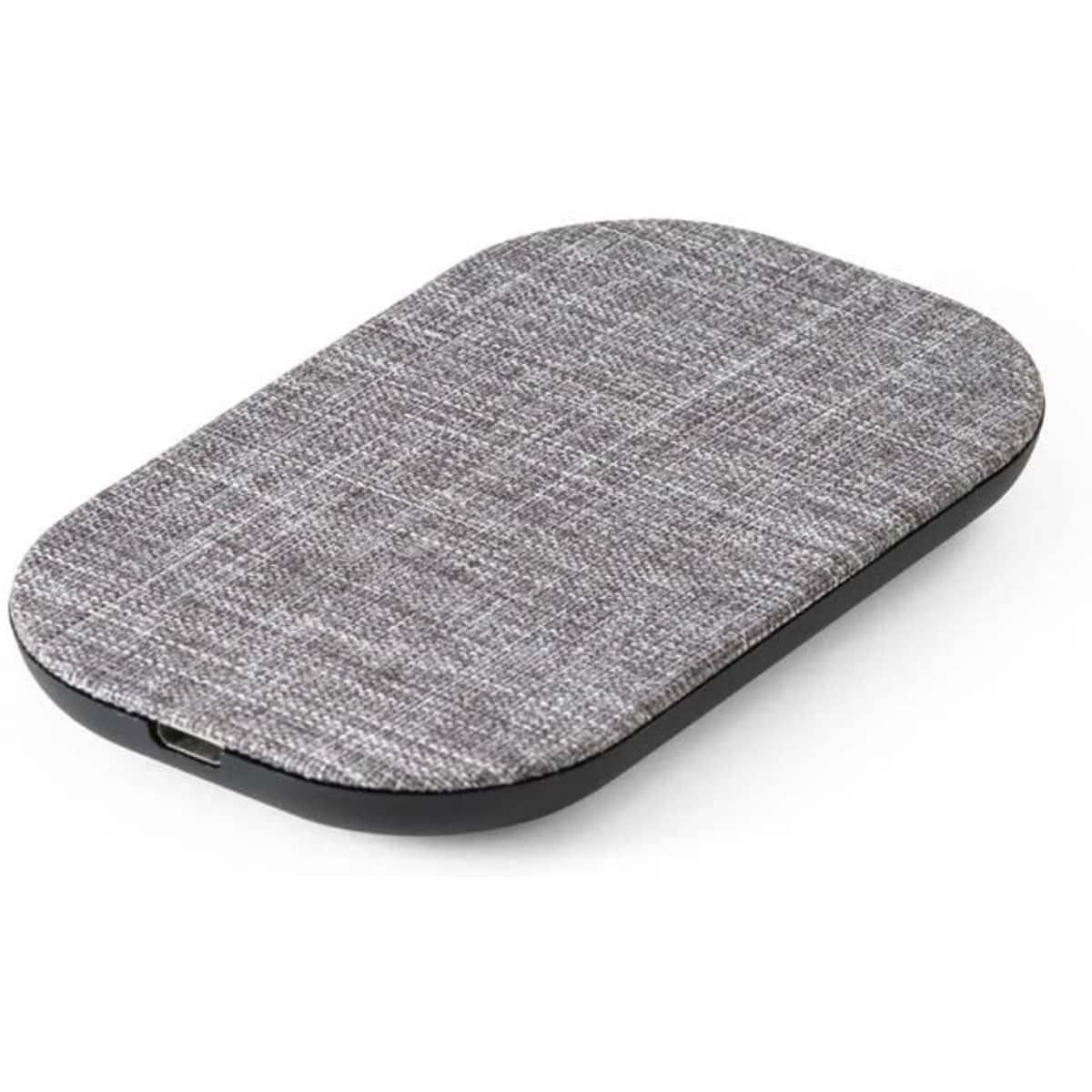 A grey wireless charger with a textured surface and a black base, featuring a logo.