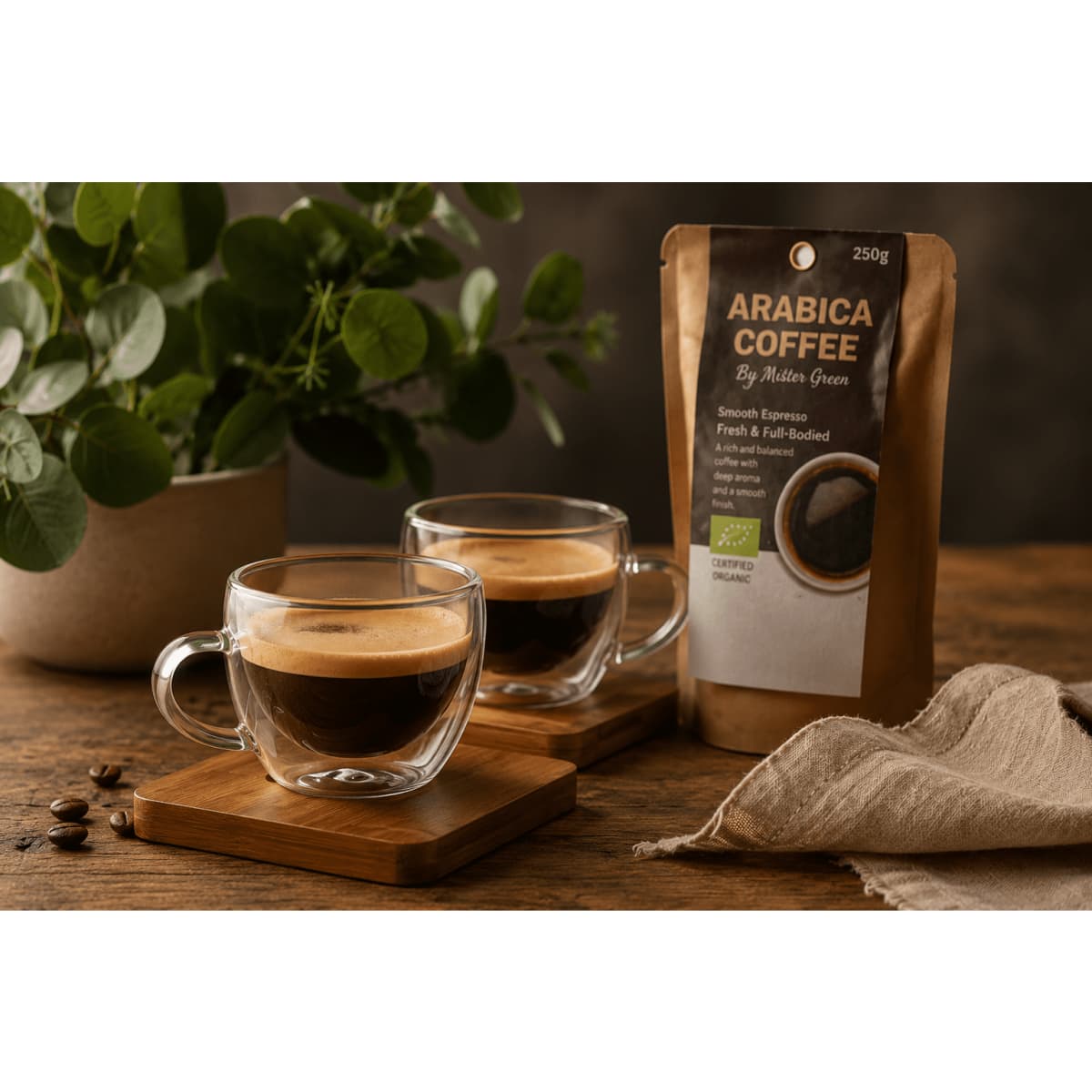 A coffee packaging with two glass cups filled with dark espresso, set on wooden coasters, alongside decorative greenery.