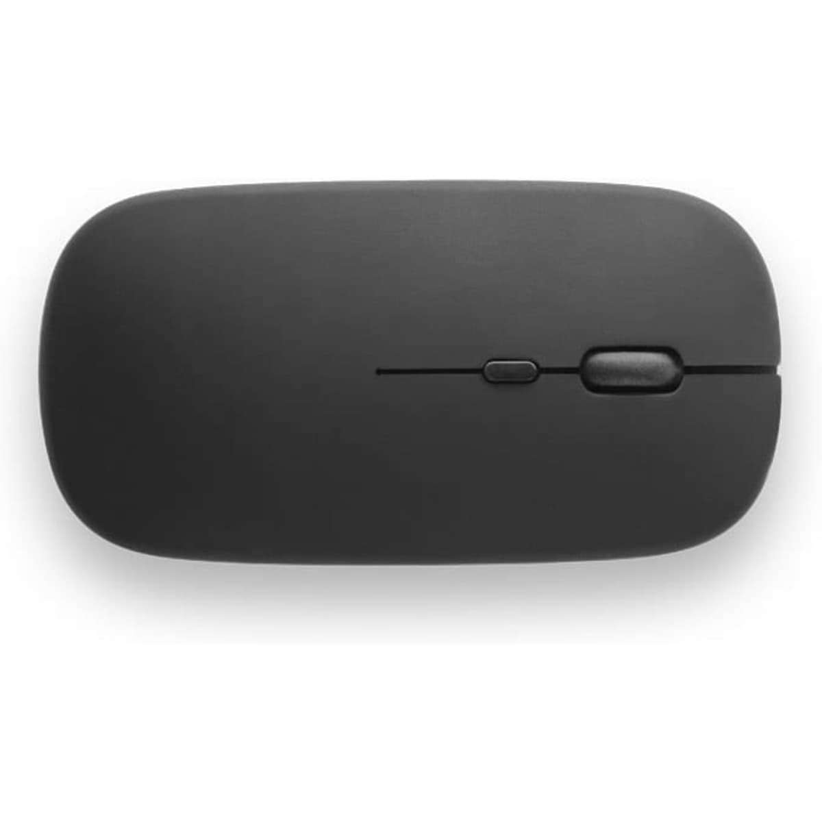 A wireless mouse in black, featuring a sleek design and a single side button, made from recycled ABS.