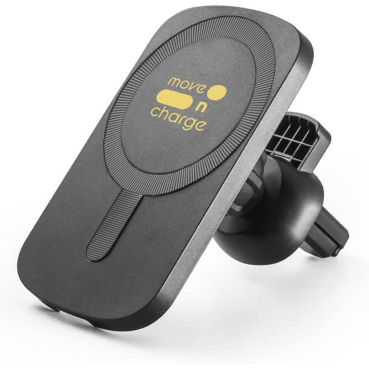 A black car smartphone holder with a wireless magnetic charger and a logo, designed for easy attachment.