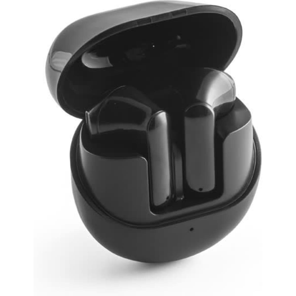 Wireless earphones in recycled ABS, featuring a glossy black finish, housed in a matching charging case.