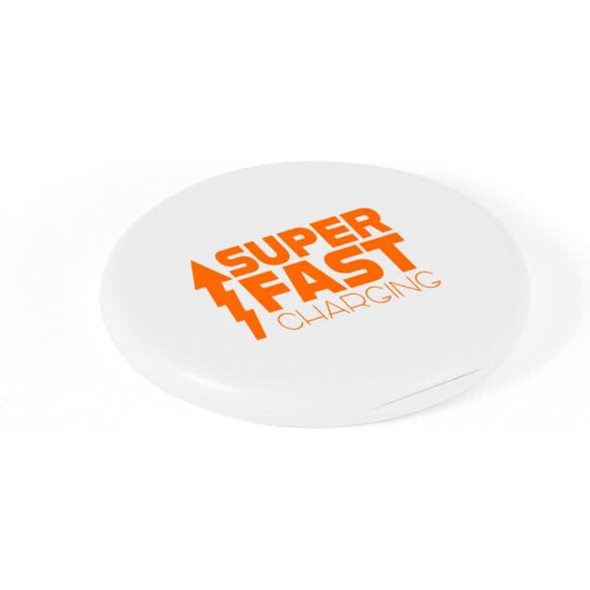 A round white charging pad featuring orange text promoting superfast charging. The pad has a logo design.