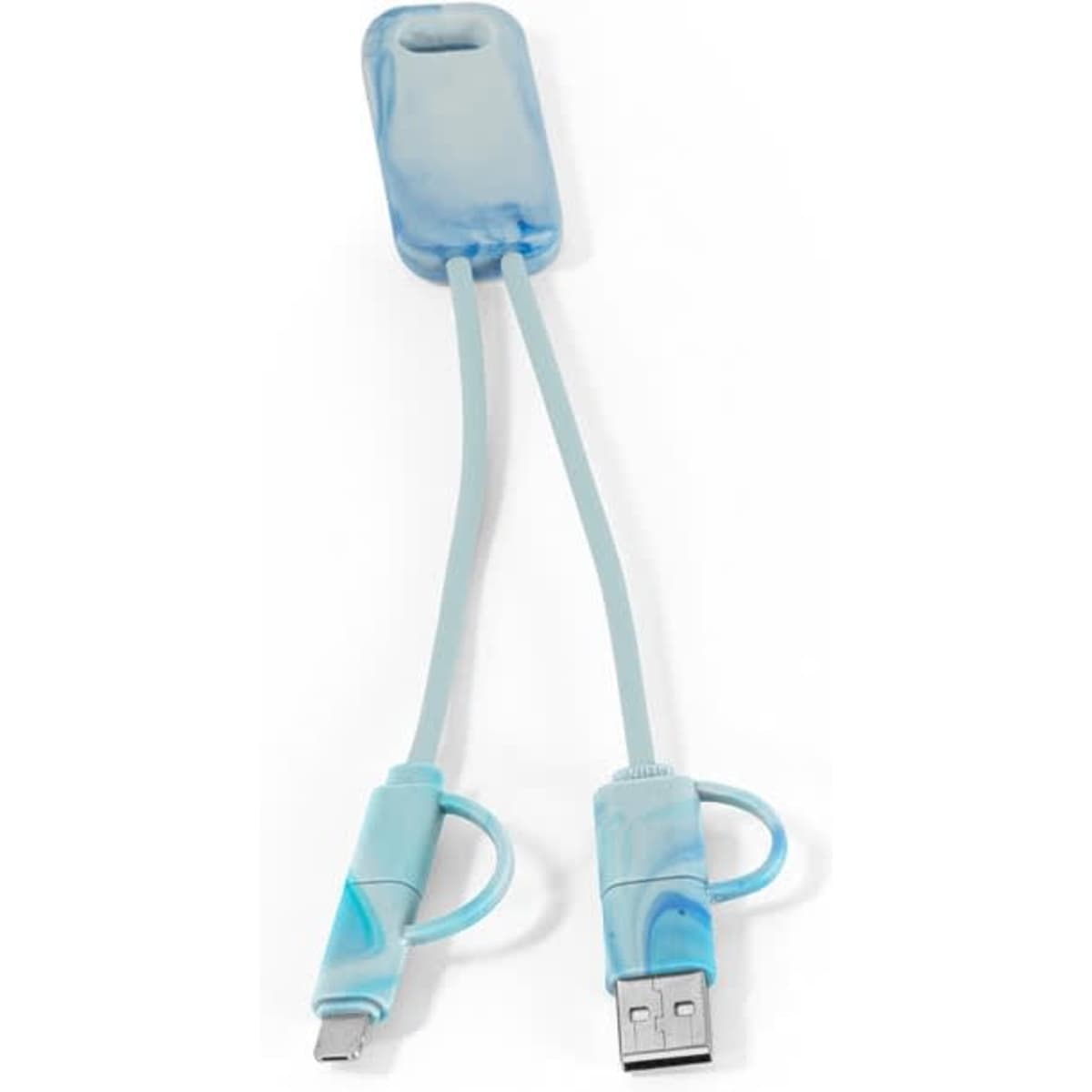 A blue and white marbled 6-in-1 USB charging cable with two connectors and a logo.