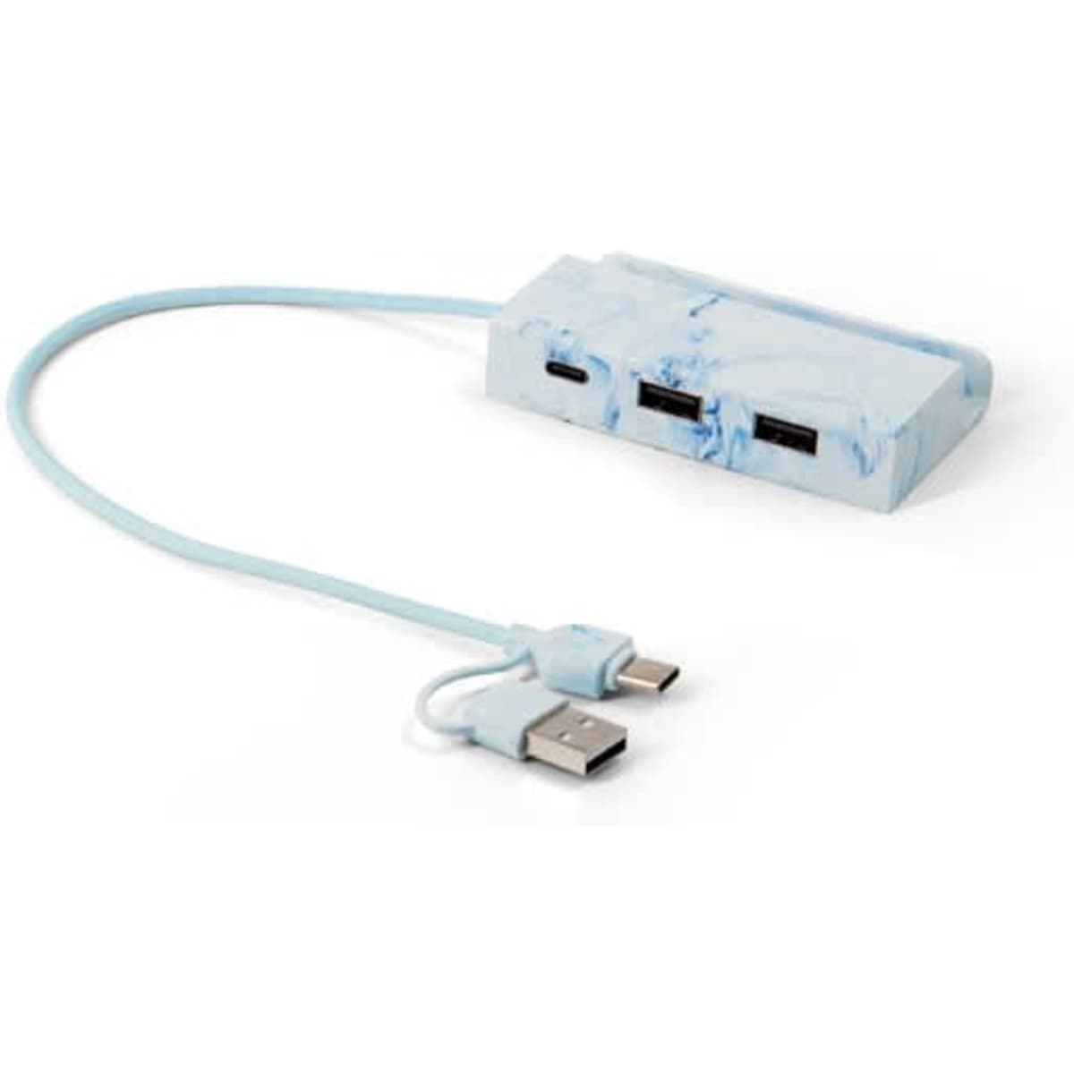 A light blue USB hub made from recycled PET, featuring multiple input and output ports connected by a cable.