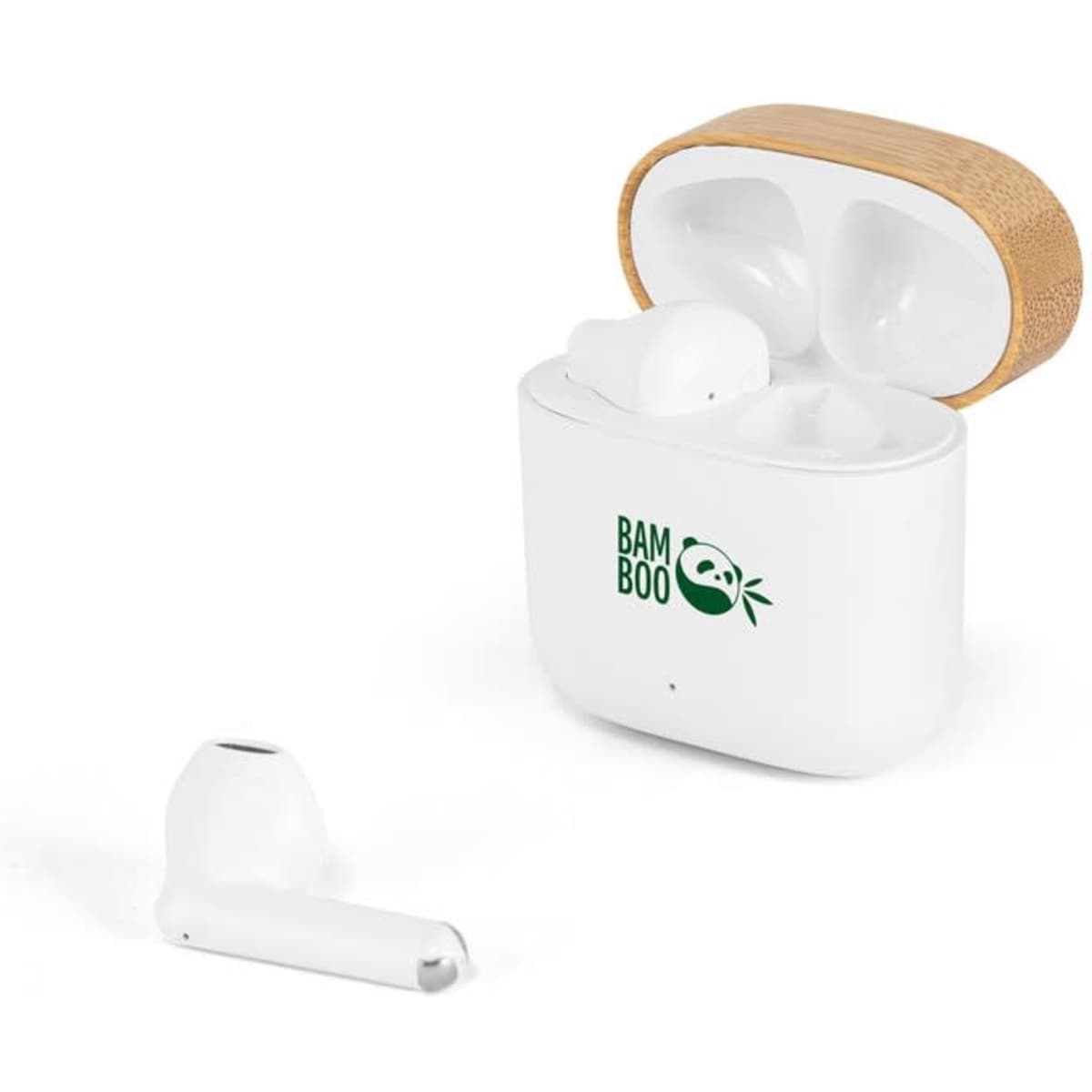 Wireless headphones in white with a bamboo charging case, featuring a logo on the front.