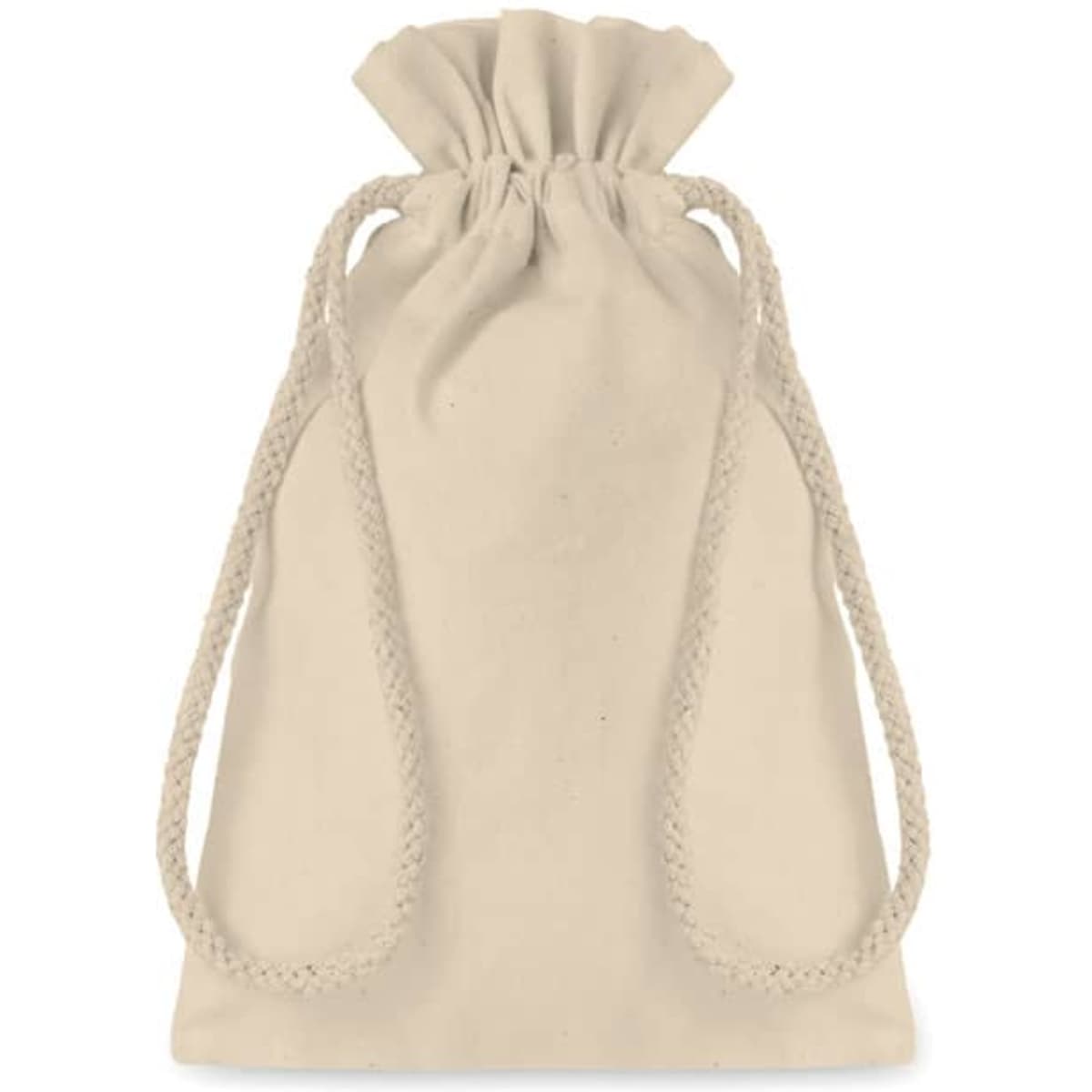 A beige drawstring bag with braided rope handles, featuring a secured top and simple design.