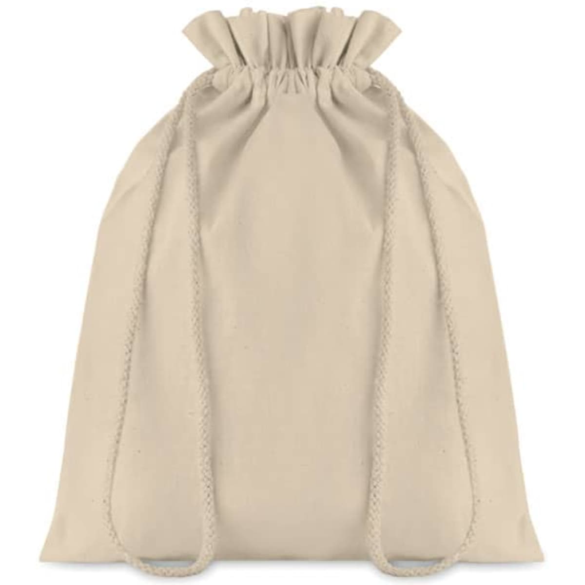 A beige drawstring bag with a gathered top and two straps, featuring a subtle logo.