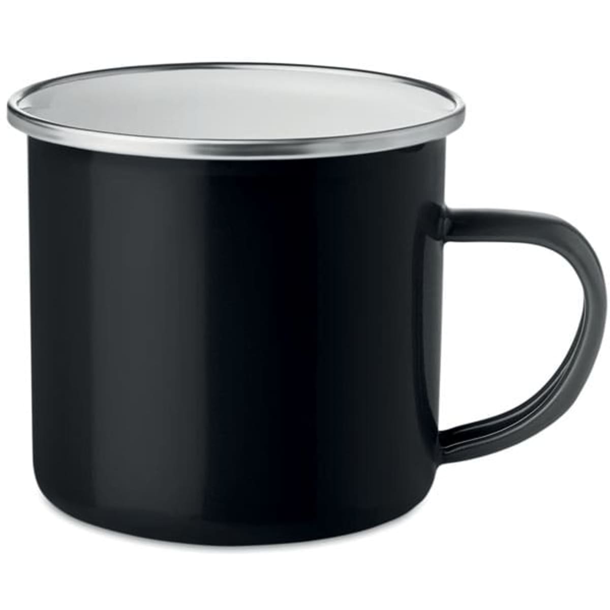 A drink bottle in black with a silver rim and a handle, featuring a simple design and a shiny finish.