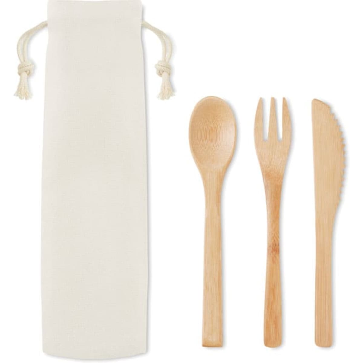A set of bamboo cutlery including a spoon, fork, and knife, accompanied by a cream-coloured carrying pouch.
