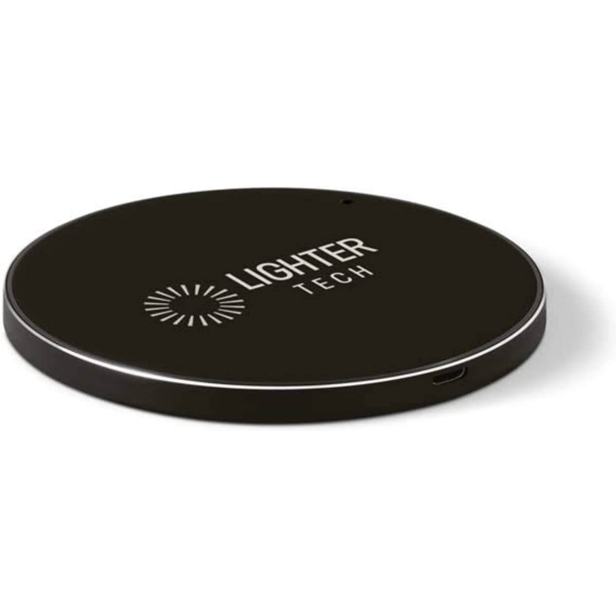 A black wireless charger with a sleek circular design, featuring a logo and a charging port.