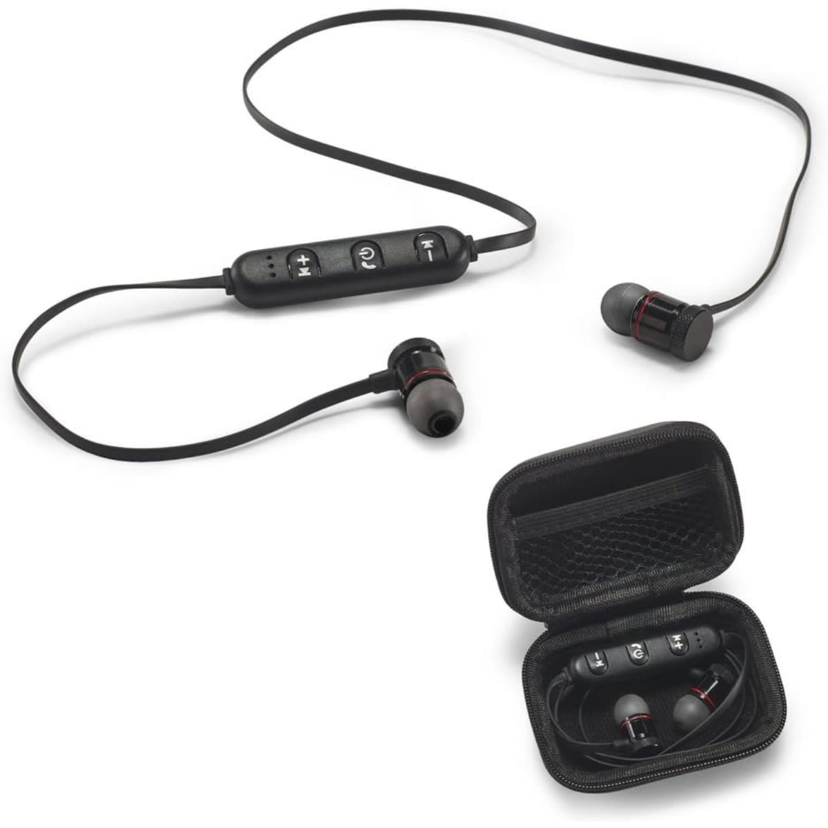Wireless magnetic earphones in black with red accents, accompanied by a small carrying case.