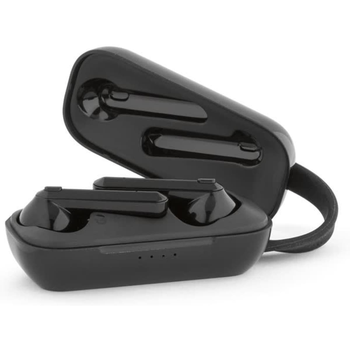 Black wireless earphones in a charging case, featuring a sleek design with a logo on the case.