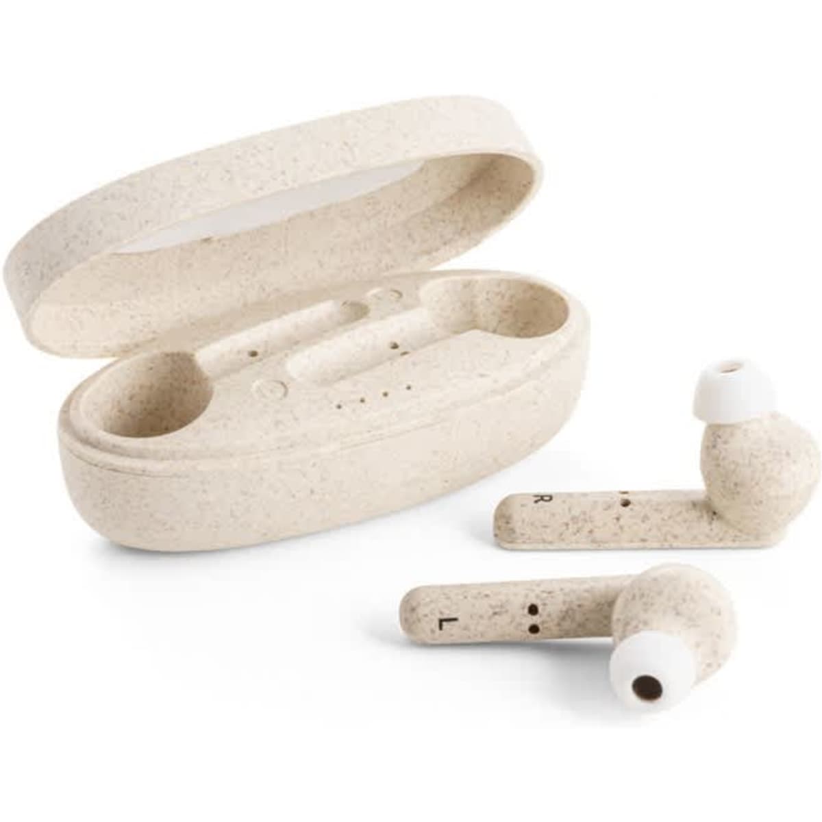 Wireless earphones in a light beige case, made from wheat straw fibre and polypropylene, with two earbuds displayed.