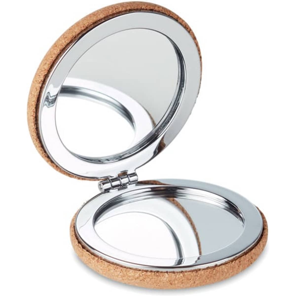 A round compact mirror with a cork exterior and a shiny chrome interior. It features a hinge for easy opening.