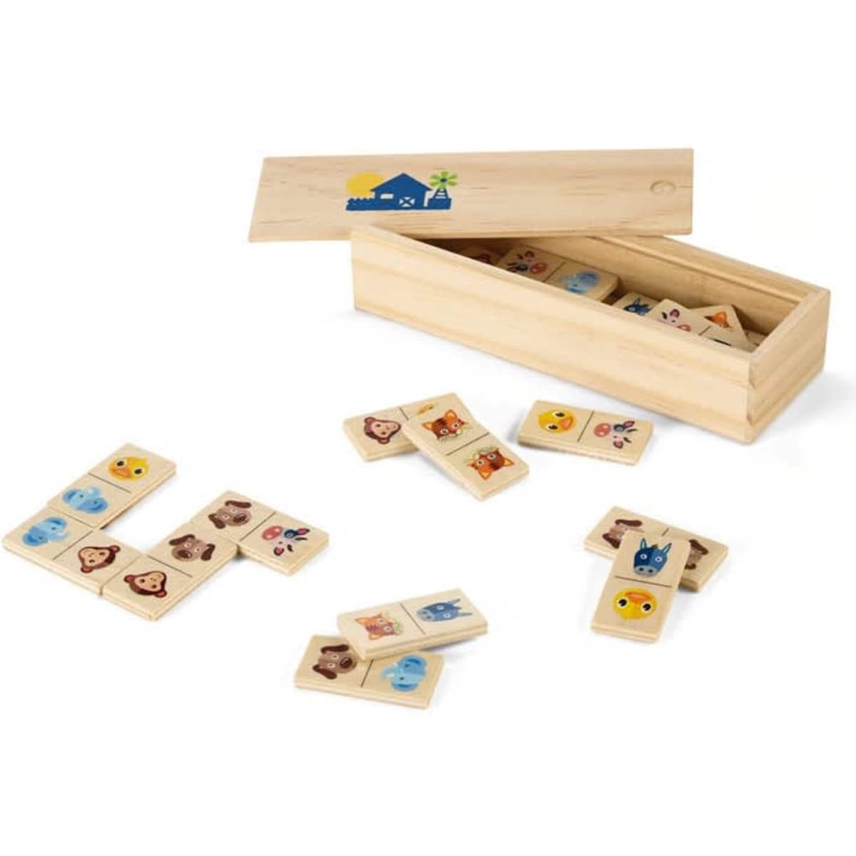 A wooden domino game with 28 pieces featuring colourful animal figures, stored in a wooden box.