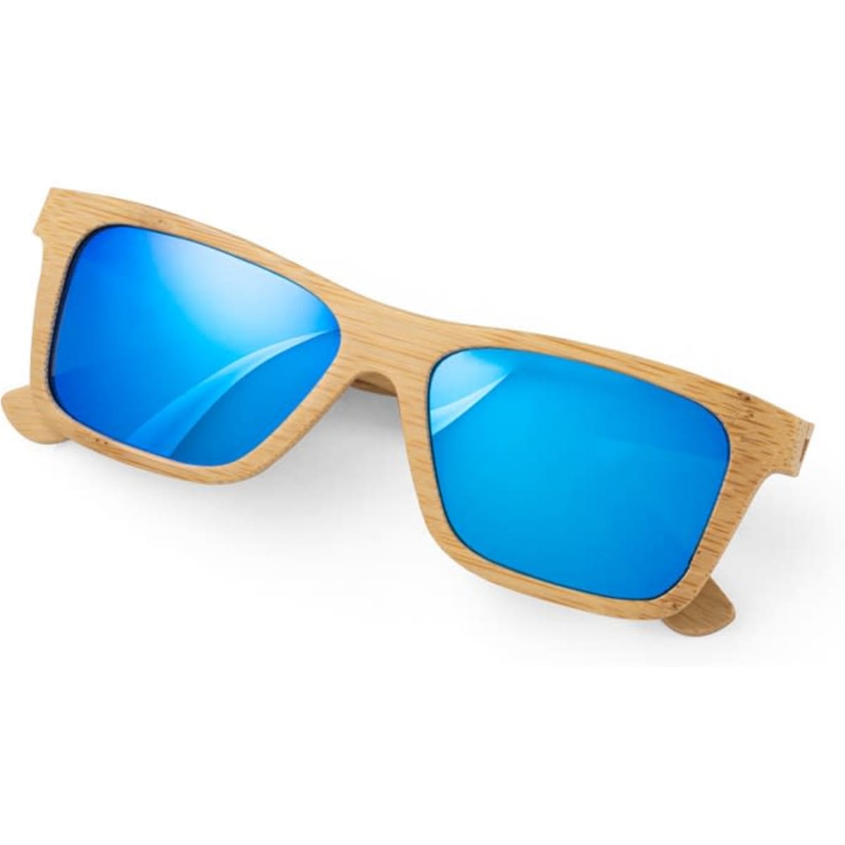 Bamboo sunglasses with a light wooden frame and reflective blue lenses, featuring branding on the side.