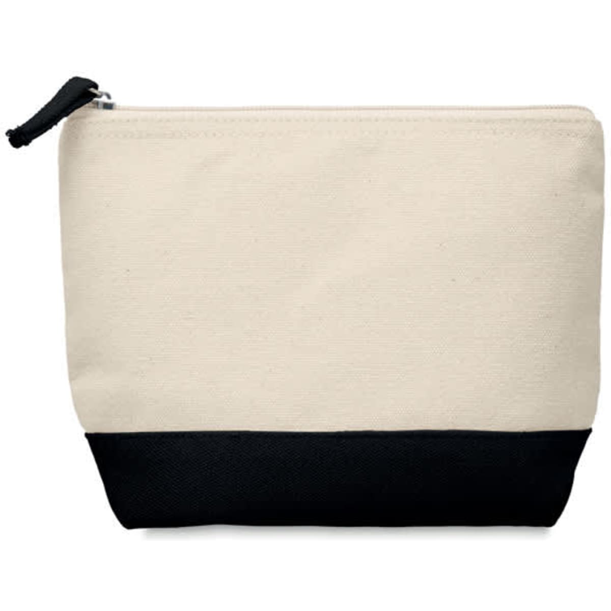 A zippered pouch in cream and black, made from durable fabric, featuring a sleek design.