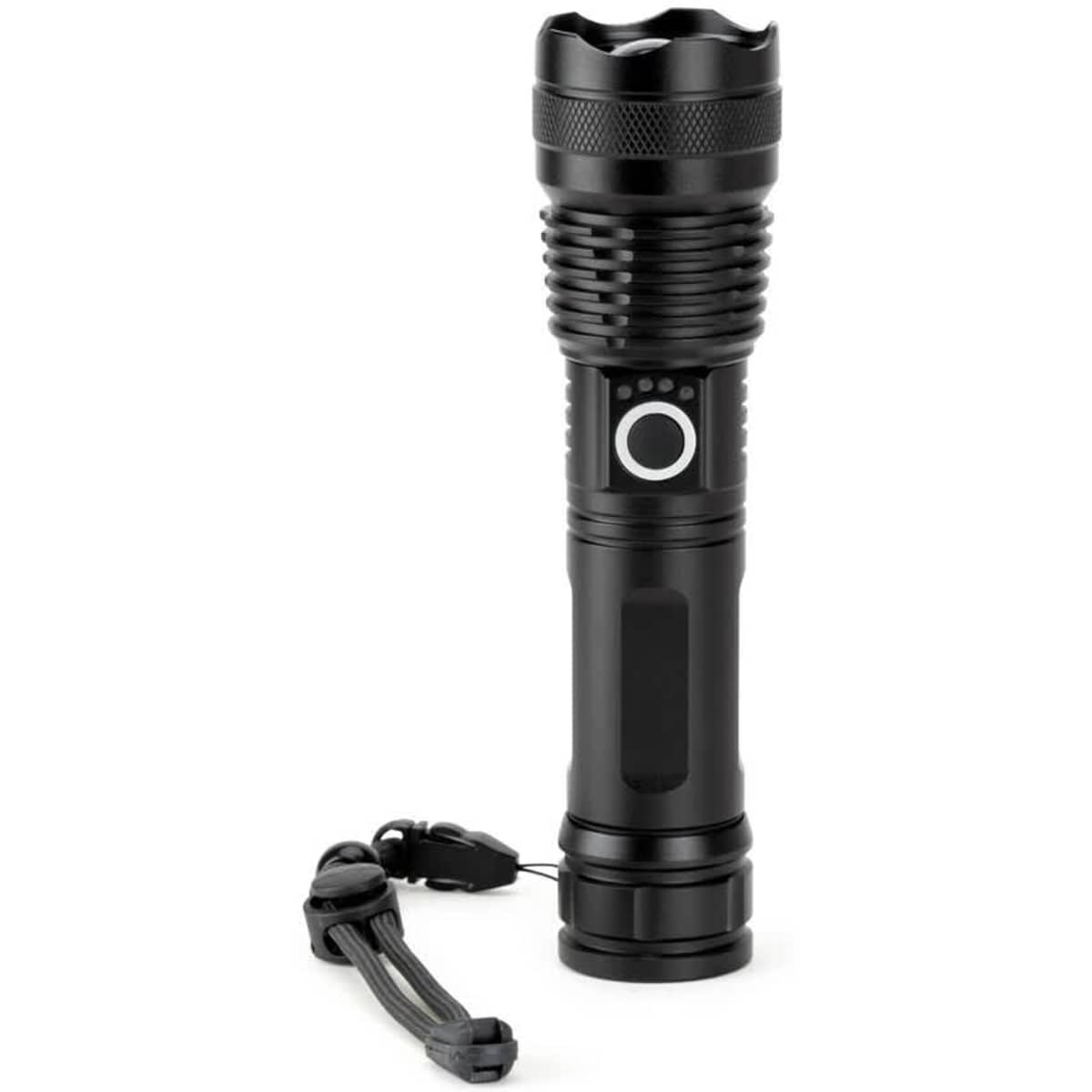 A black rechargeable 10 W torch made from aluminium, featuring a logo and a wrist strap.
