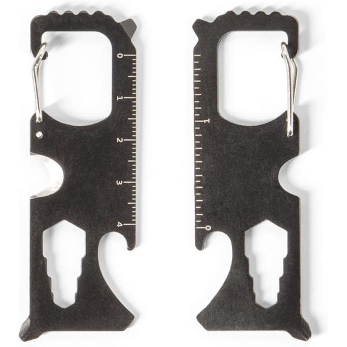 A stainless steel multifunction card in black, featuring eight tools including a ruler and bottle opener.
