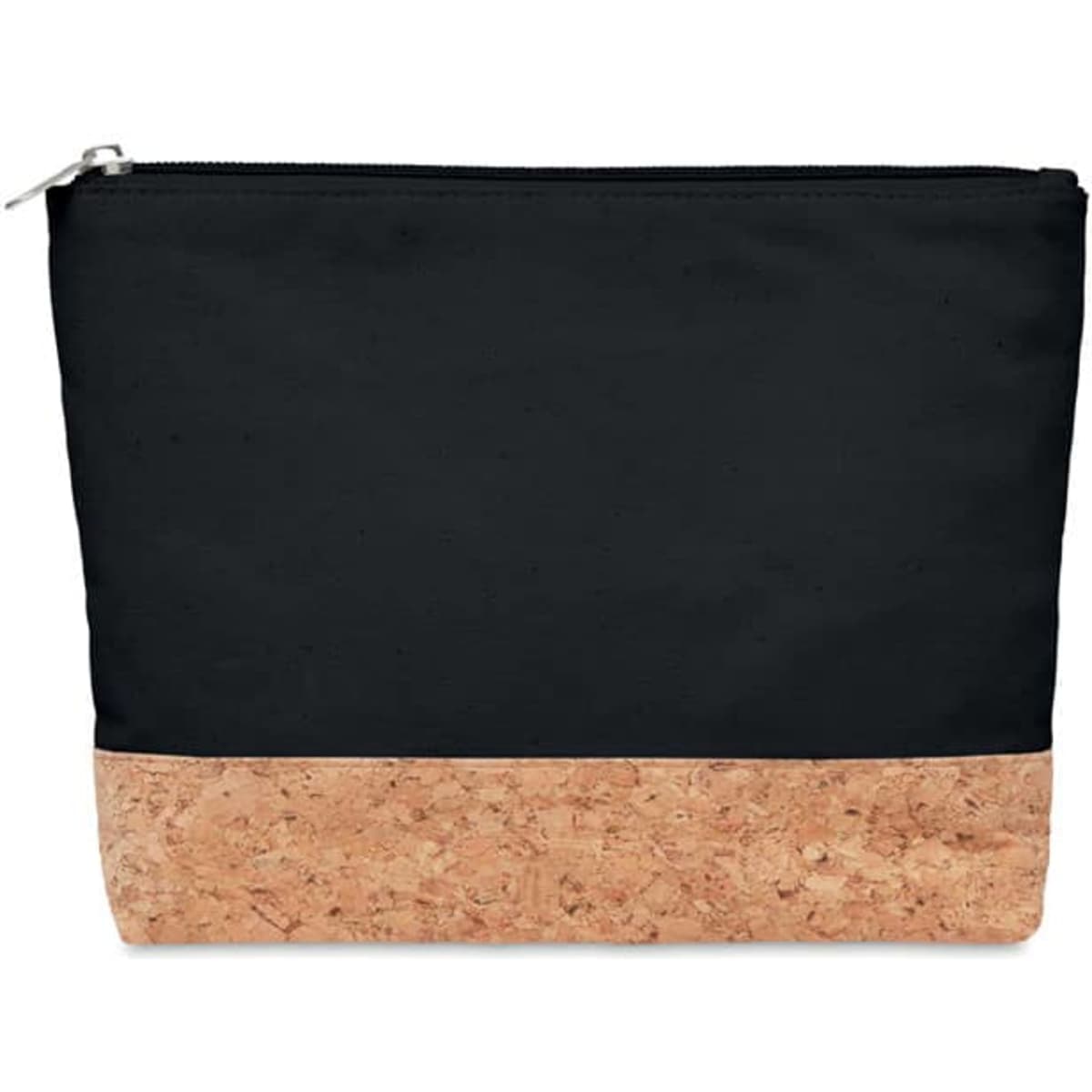 A zipped pouch featuring a black fabric upper and a natural cork lower section. It includes a logo on the front.