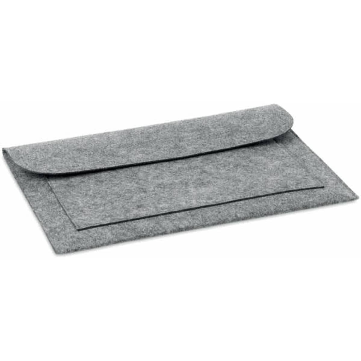 A grey felt pouch with a flap closure, featuring a simple, minimalist design. It has a logo displayed on it.