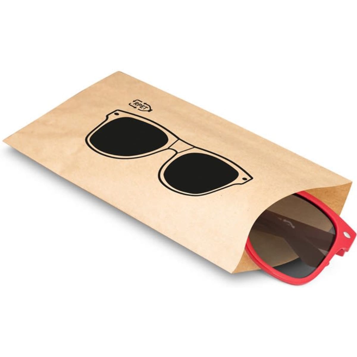 Red sunglasses partially visible from a brown paper pouch, featuring a sunglasses graphic on the front.