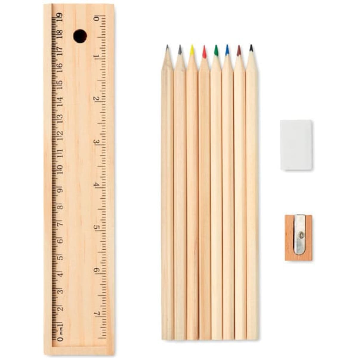 A wooden ruler, six coloured pencils, a sharpener, and an eraser, all in natural wood tones.