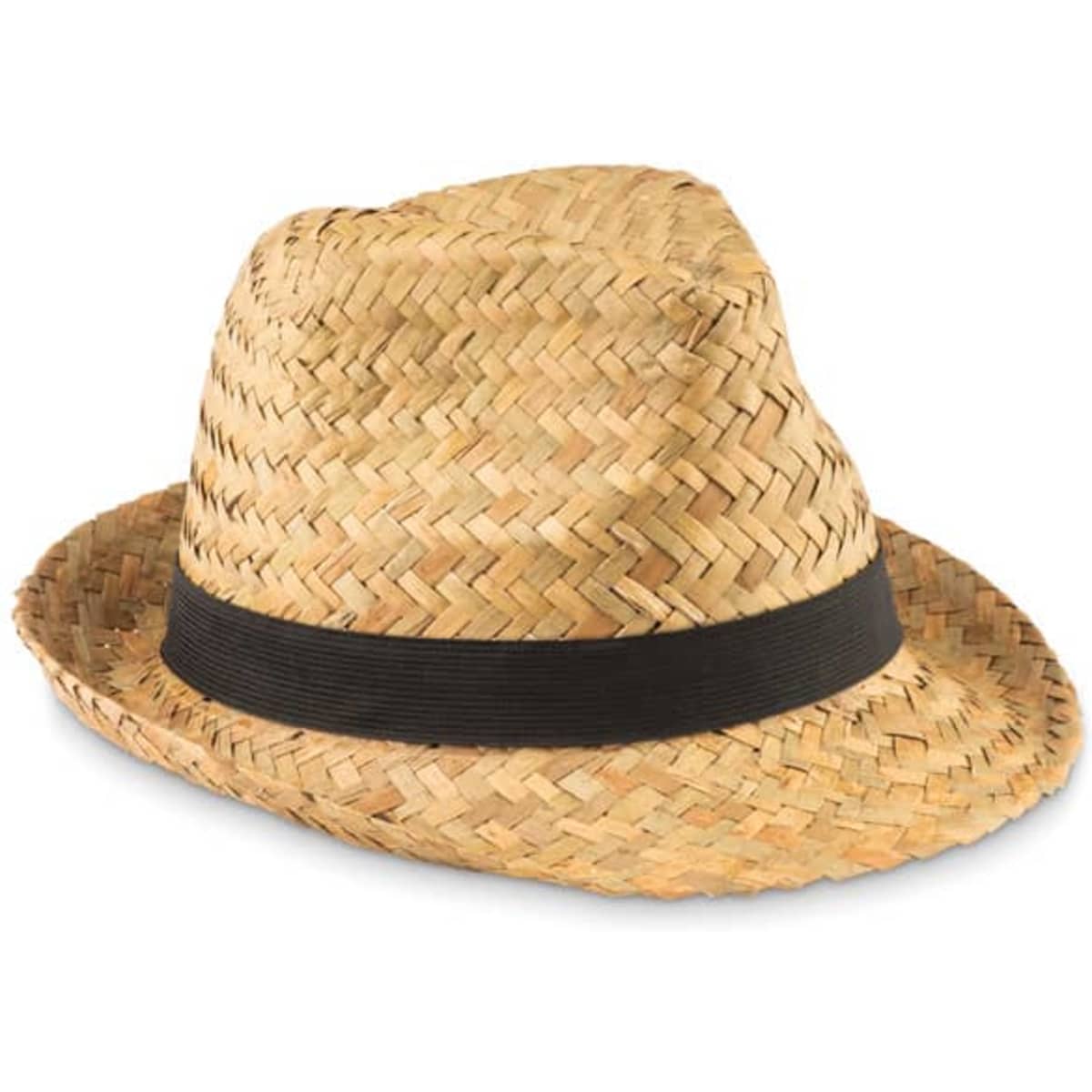 A straw fedora hat with a black band, featuring a woven design in light brown tones.