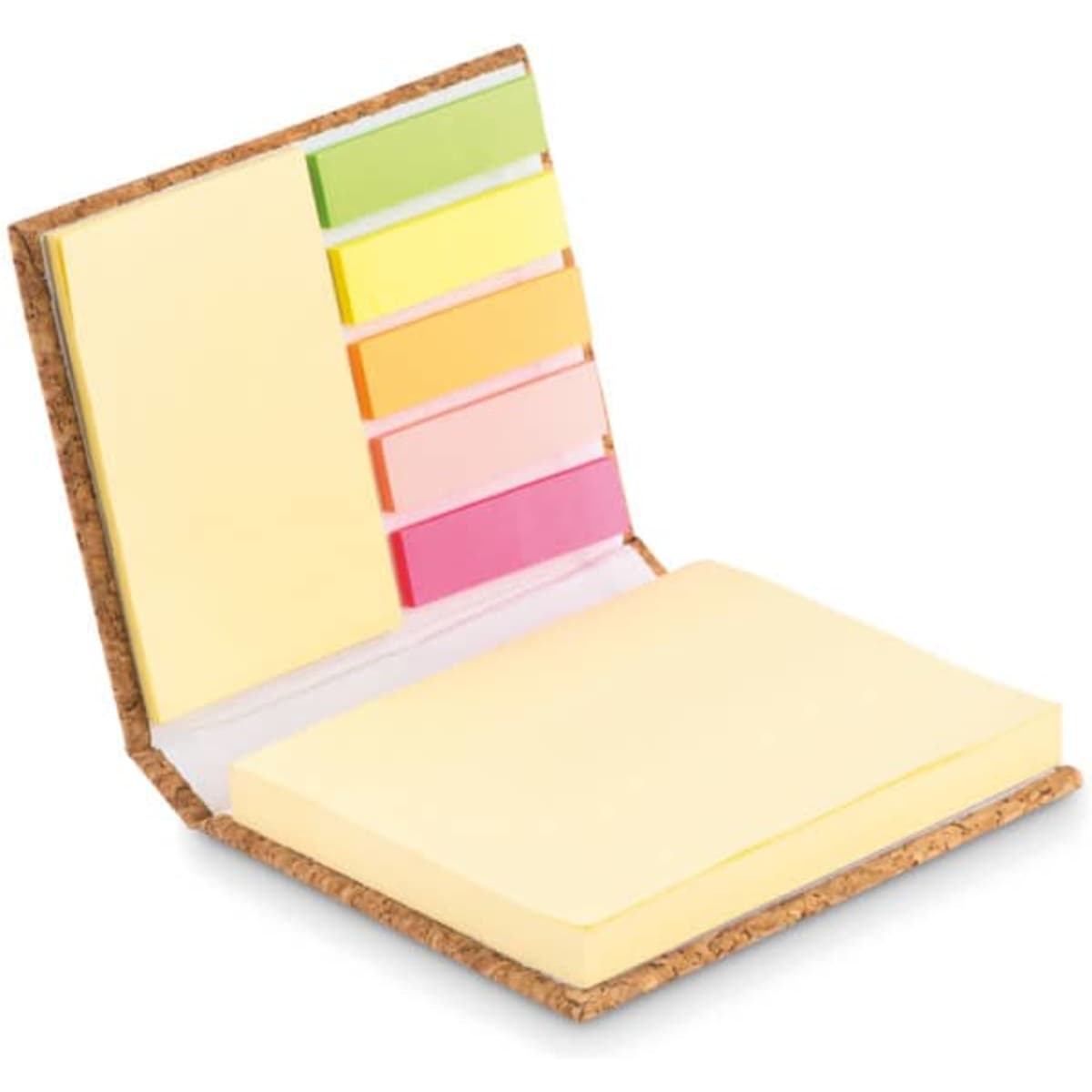 A desk accessory featuring a cork cover with sticky note pads in yellow, pink, green, and orange. It has a logo.