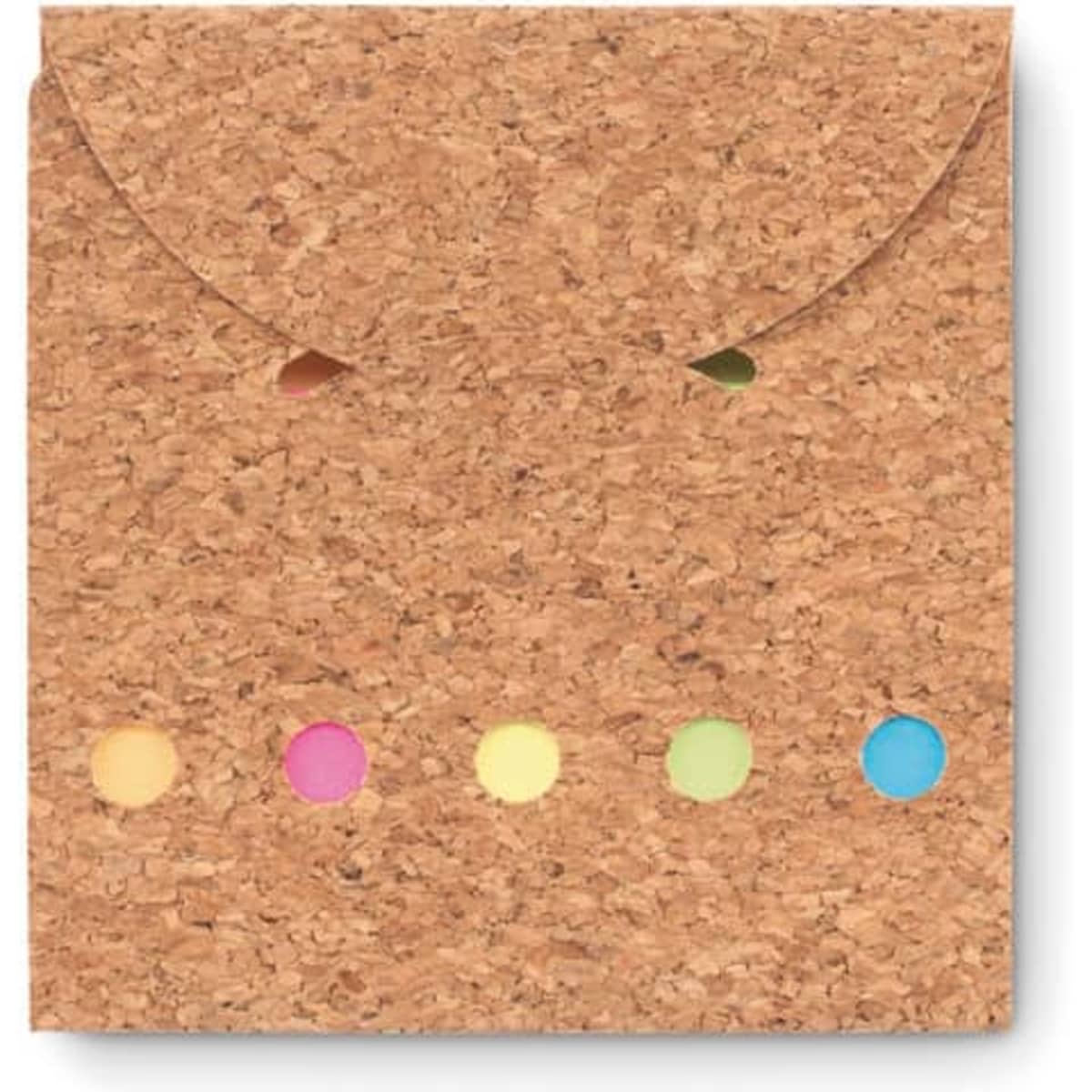 A cork envelope featuring colourful dots along the bottom, with a flap opening at the top. The envelope design has a logo.