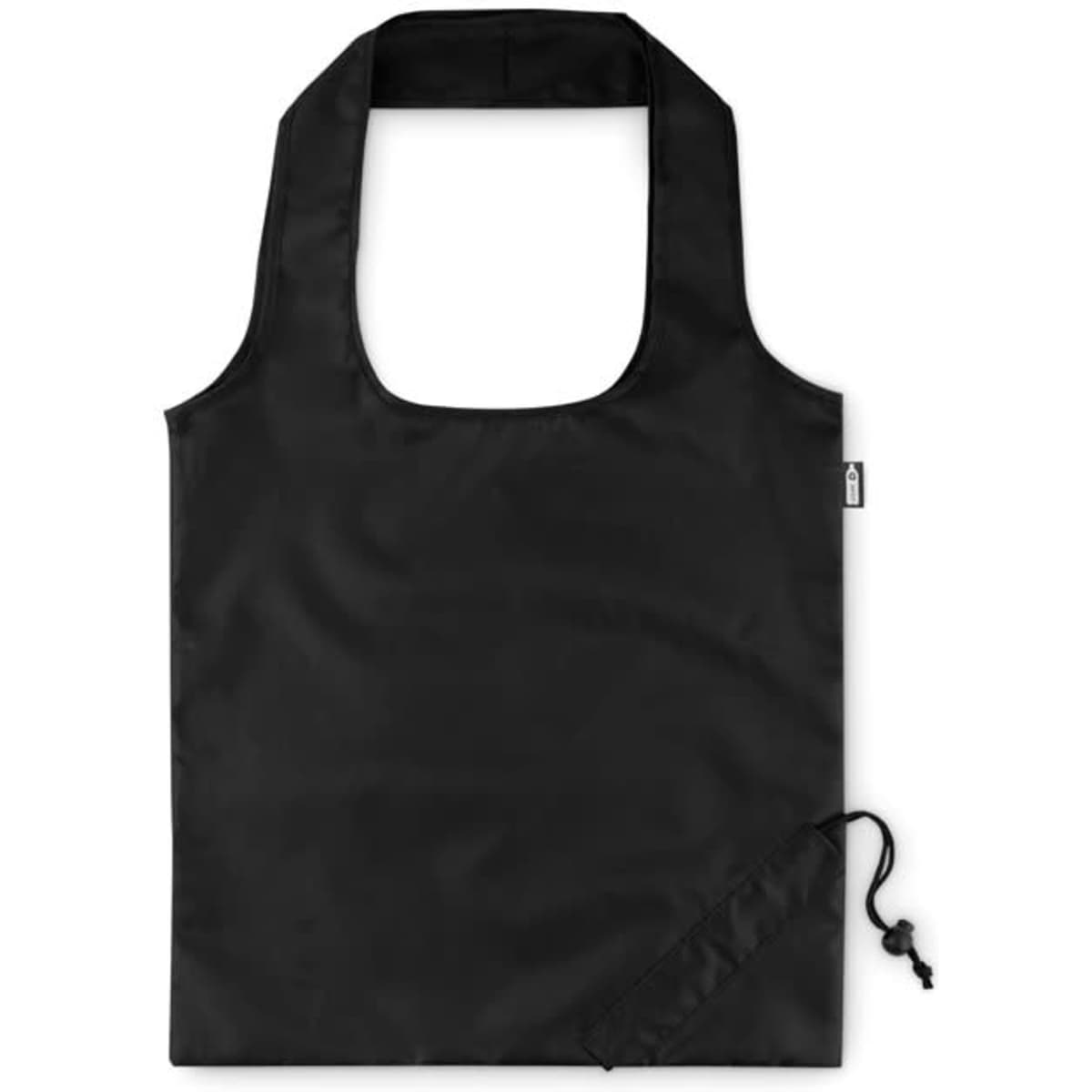 A foldable black tote bag with a secure drawstring closure, featuring a simple design and no visible branding.