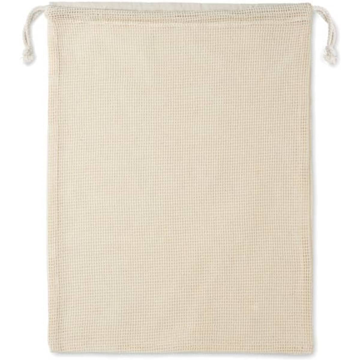 A natural beige reusable produce bag with a textured surface and drawstring closure. It features a simple design.