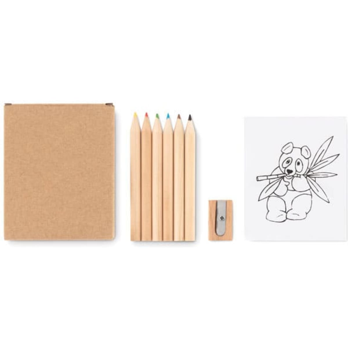 A set of coloured pencils, a sharpener, a drawing pad, and a colouring page featuring a panda illustration.