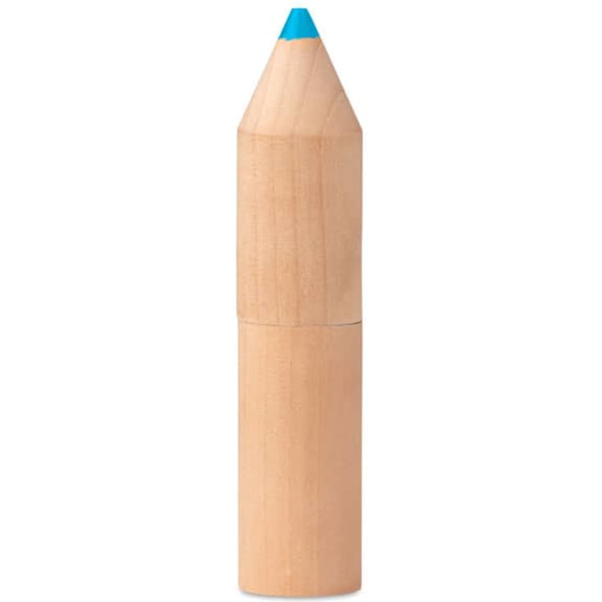 A wooden pencil with a bright blue tip, designed to resemble a larger, stylised pencil. It features a logo.