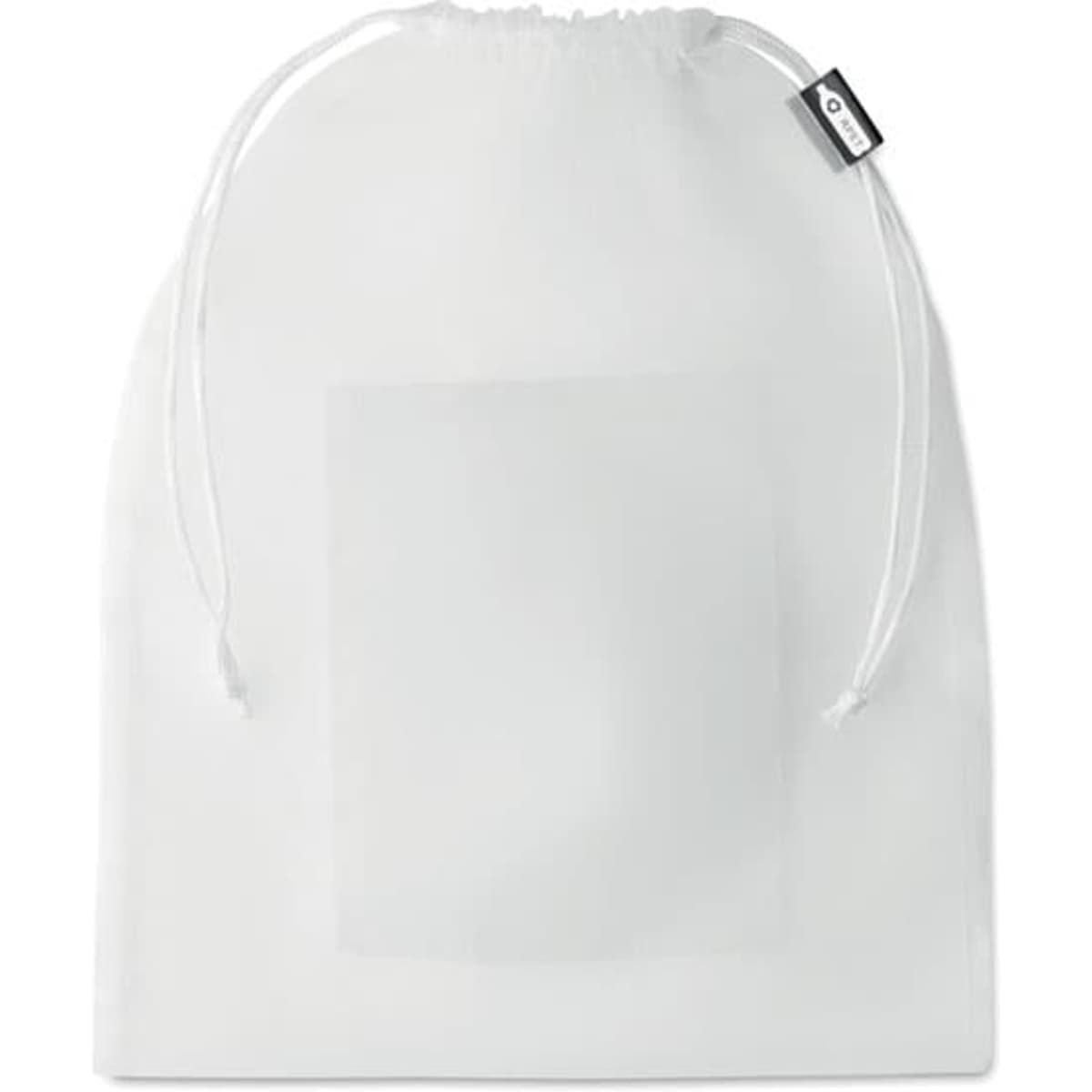 A drawstring bag in white with a blank rectangular area and a small logo tag.