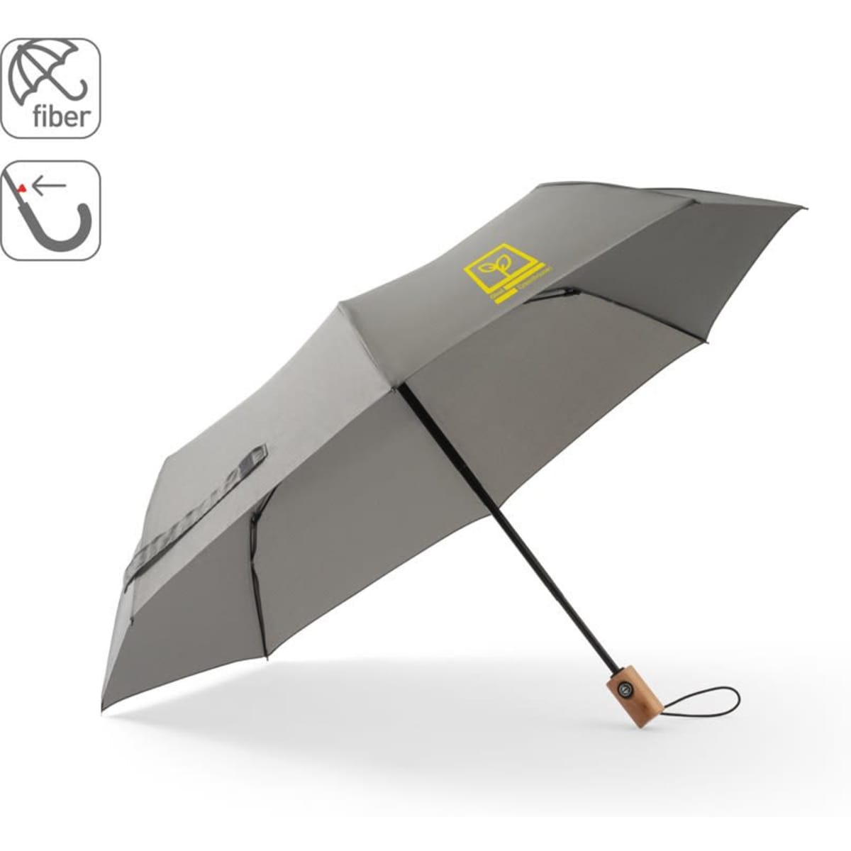 A grey telescopic umbrella with automatic opening and closing, featuring a wooden handle and a logo.