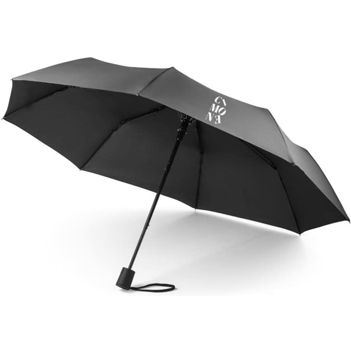 A black telescopic umbrella in recycled polyester with an automatic opening feature and a logo.