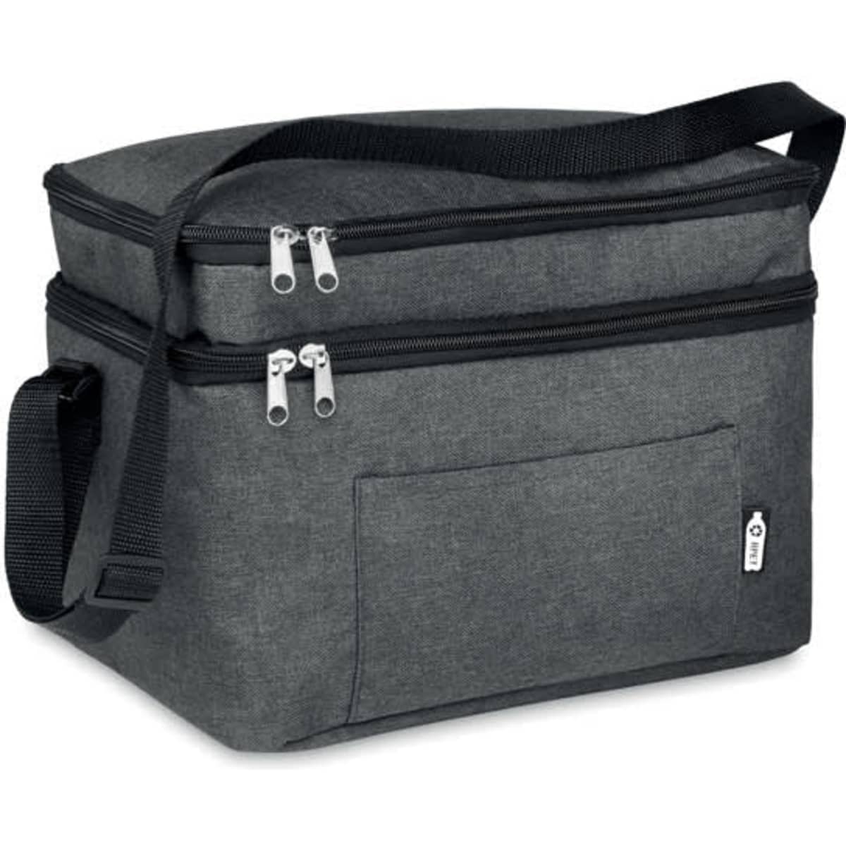 A grey insulated cooler bag with two compartments, a shoulder strap, and a front pocket. It features a logo.