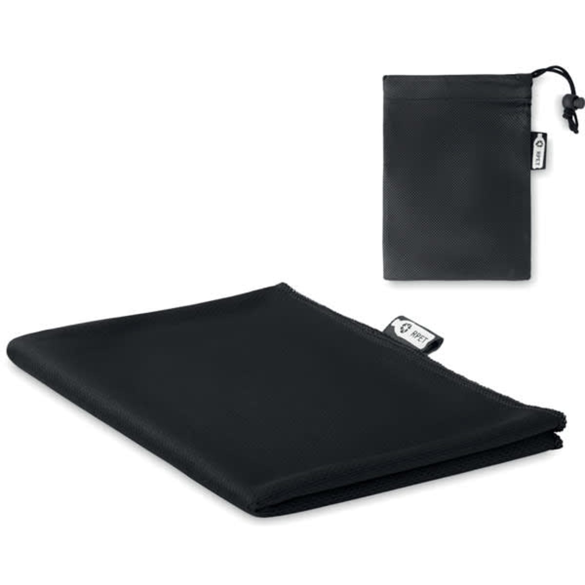 A black neoprene pouch and pouch bag, featuring a logo, displayed on a white background.