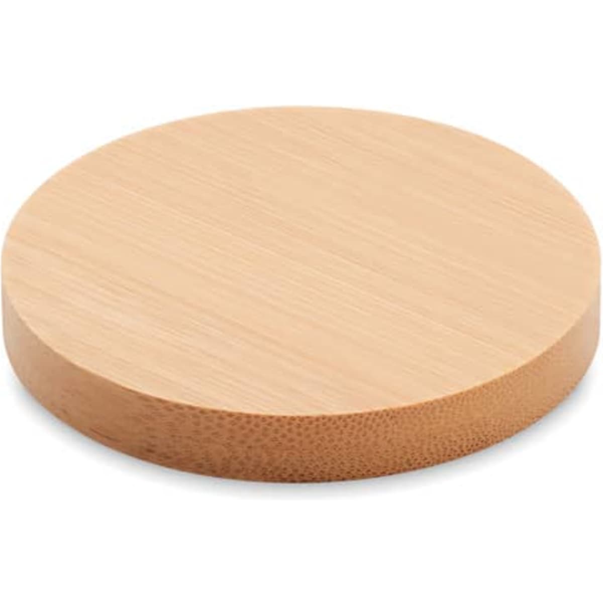A wooden round cutting board made from bamboo, featuring a natural light wood finish.