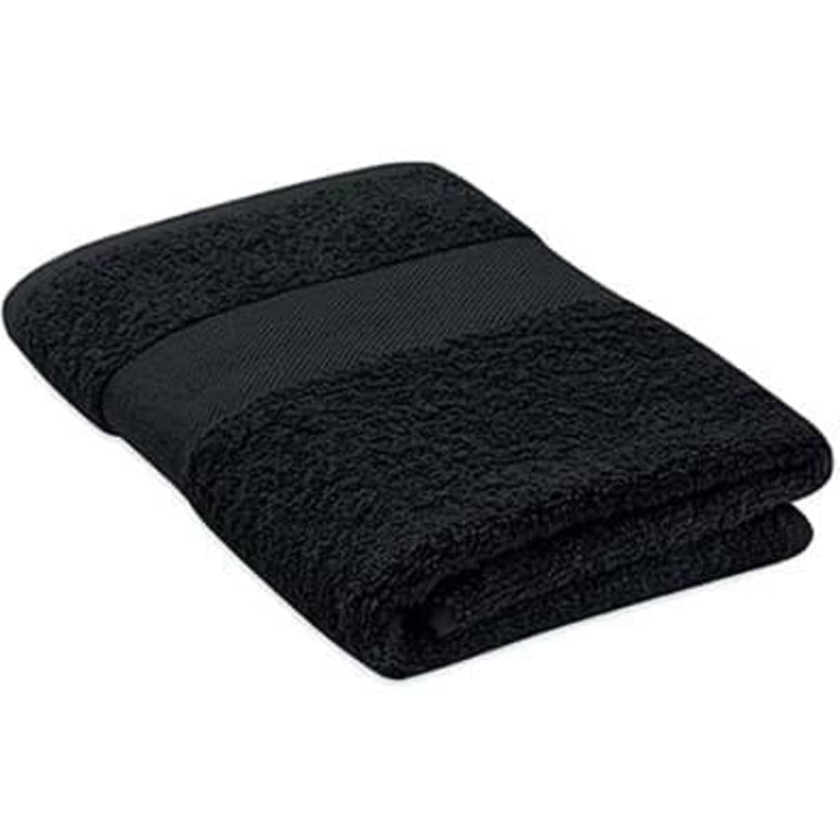 A black towel neatly folded, featuring a textured band across the centre and a branding logo.