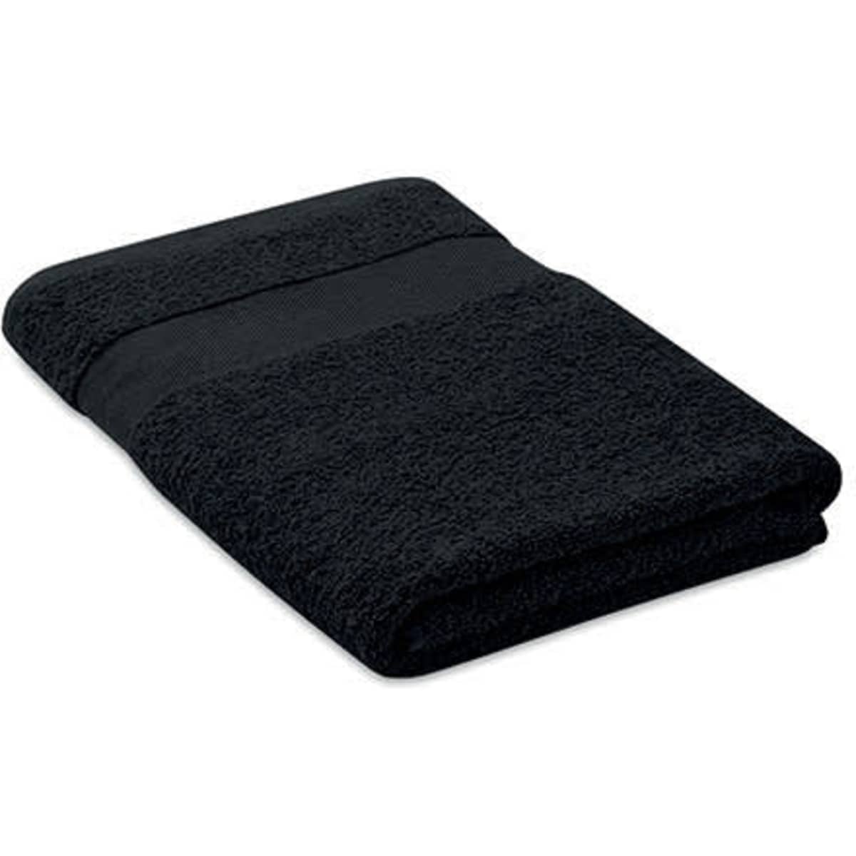 A folded black towel with a textured surface and a smooth band across the middle, featuring a logo.