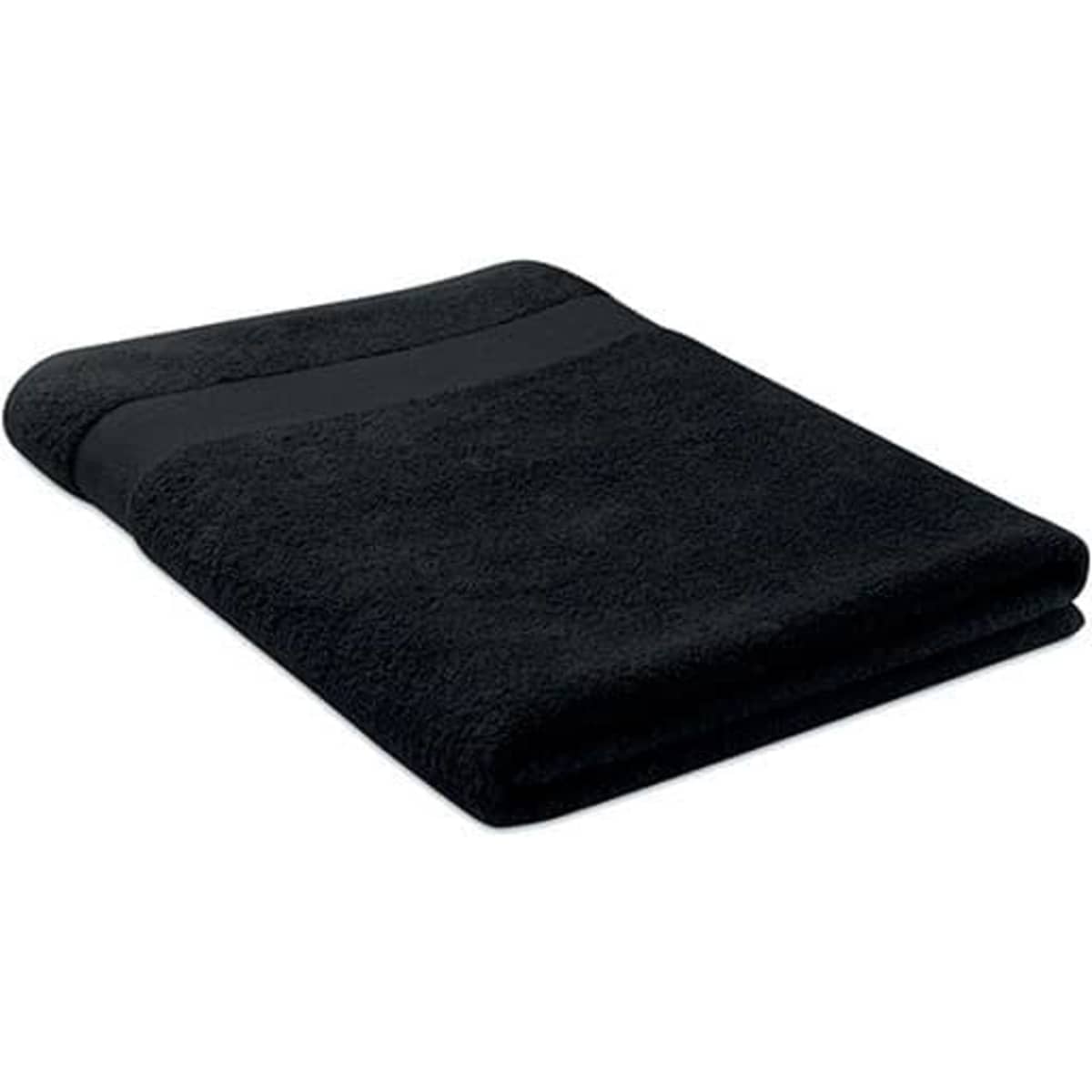 A folded black towel with a smooth texture and a subtle stripe detail. It features a simple, elegant design.