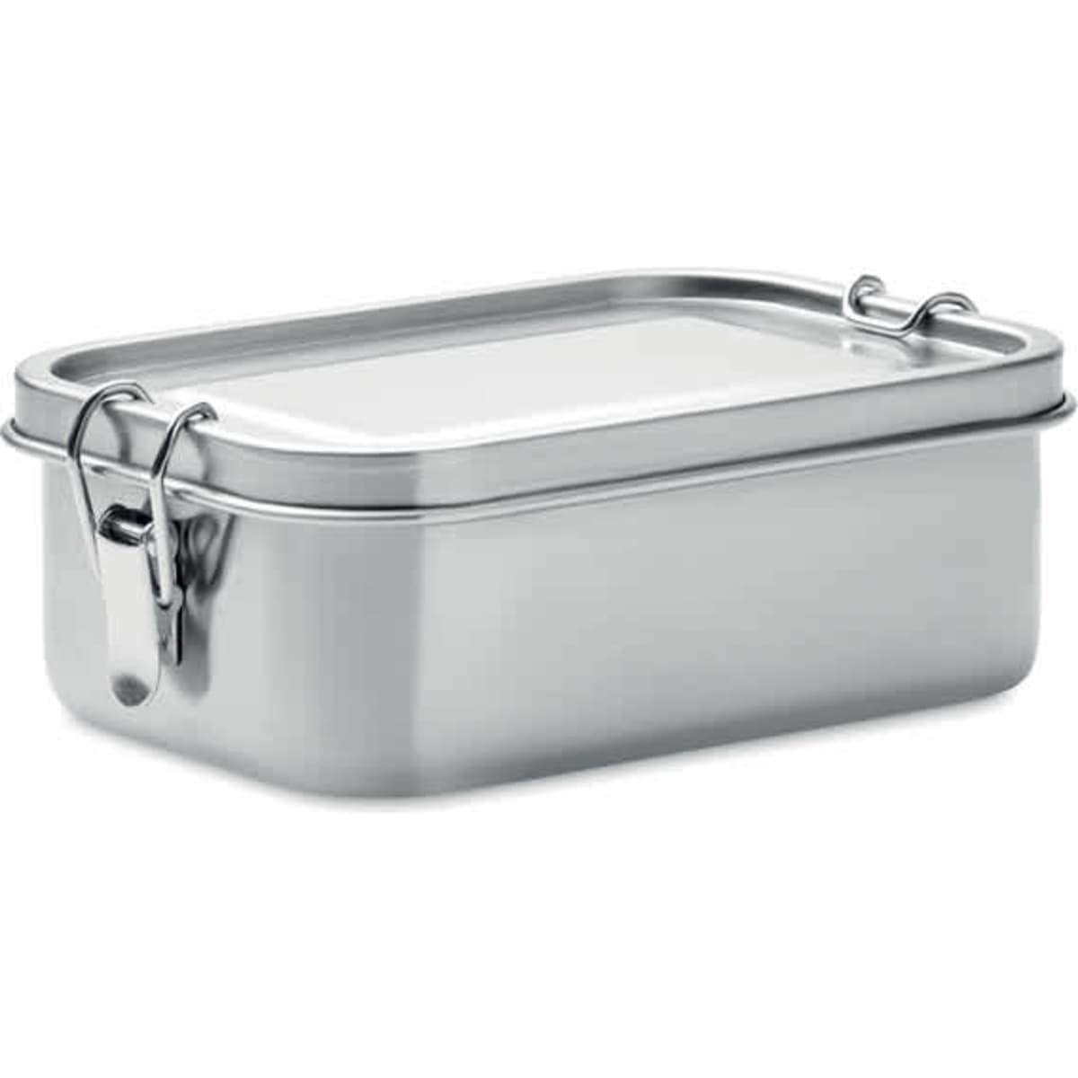 A stainless steel lunchbox with a clear lid and metal clasp, featuring a shiny silver finish.