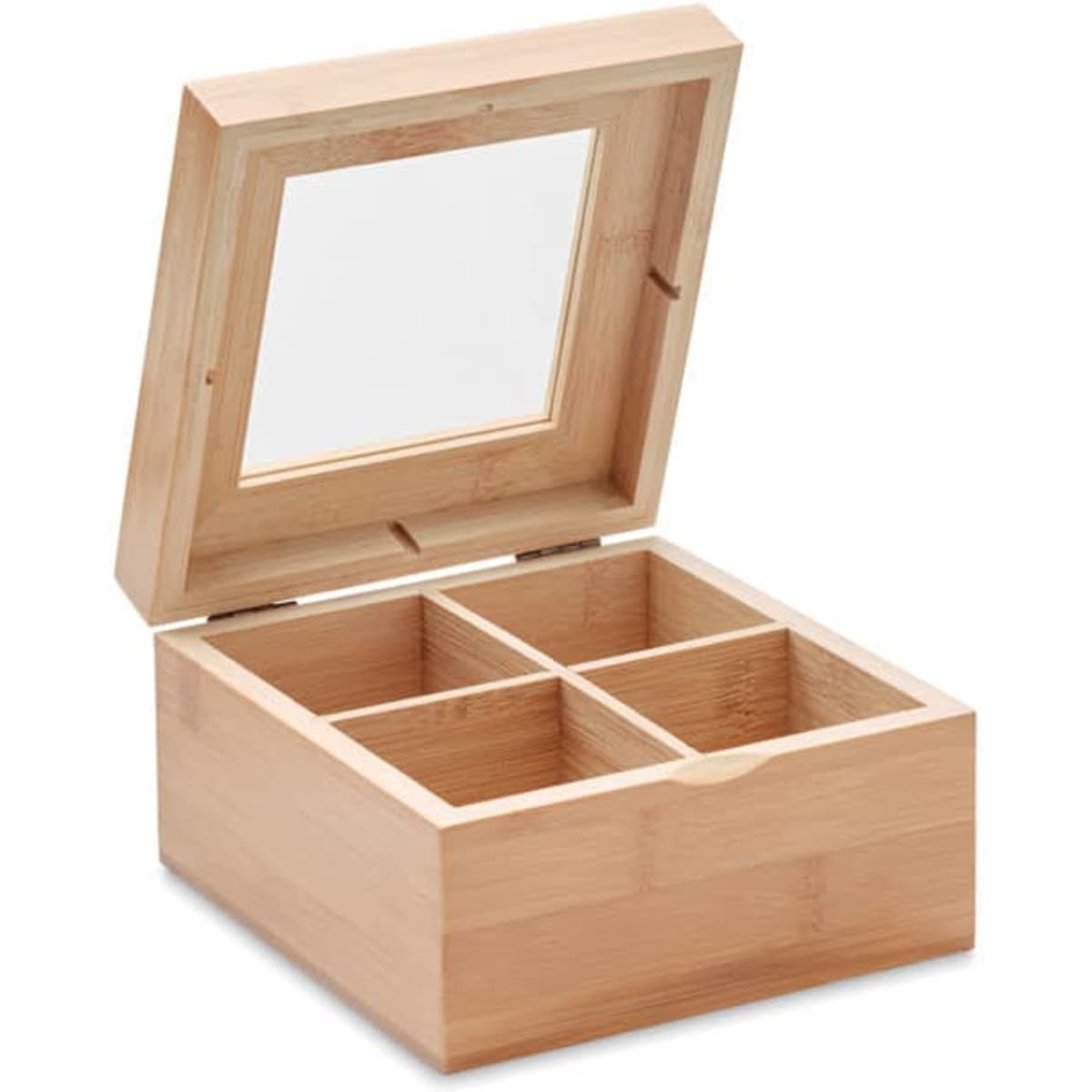 A wooden tea box with a transparent lid and four compartments inside. The box has a natural finish.