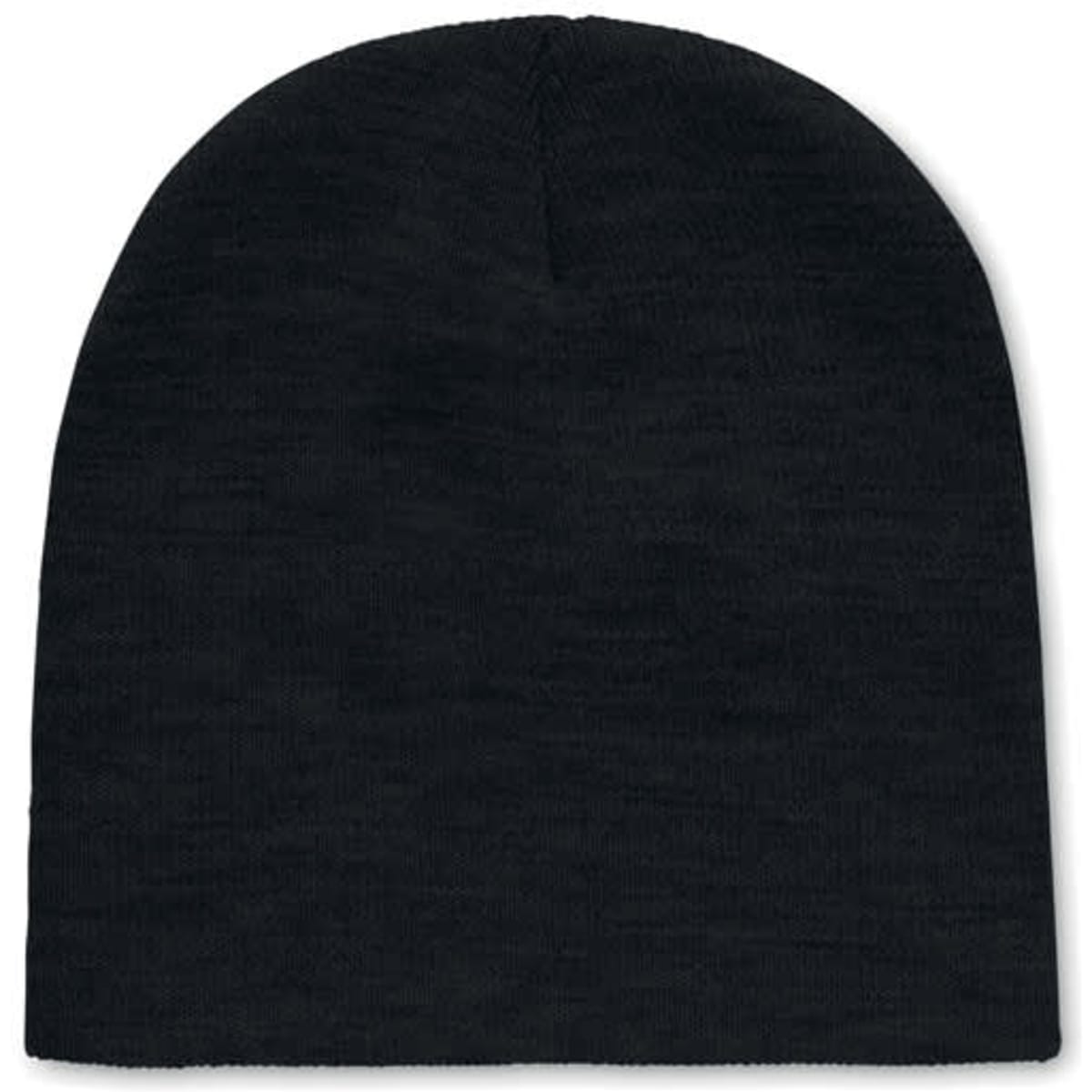 A black beanie hat displayed on a plain background. The hat has a simple, seamless design.
